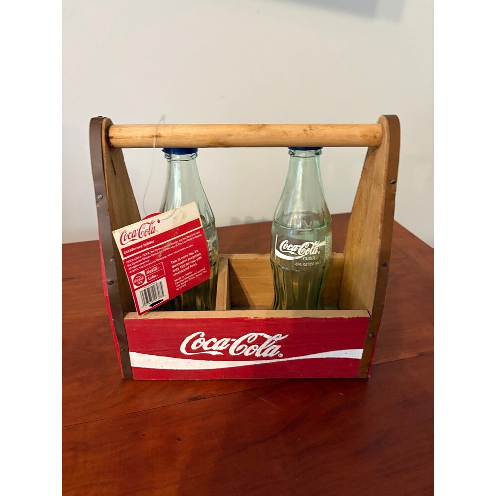 Coca-Cola Wooden Condiment Caddy 2 Glass Bottles Collectible